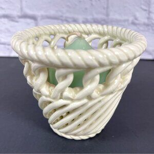 VTG Candle Holder Twisted Rope Lace Ceramic Spain Pottery Pot Cream Open Weave